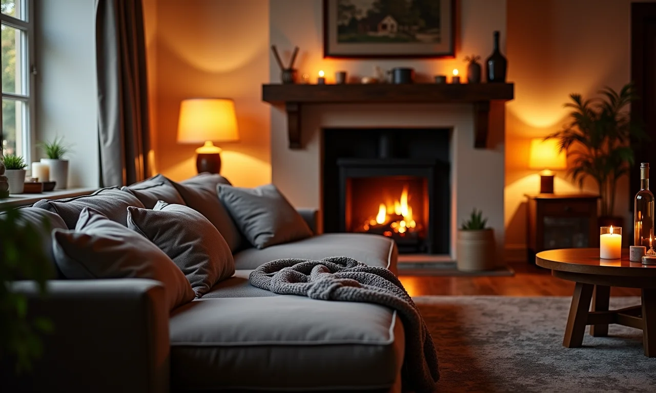 Sala com sofá cinza, iluminação quente de luminárias de chão, velas e lareira.
