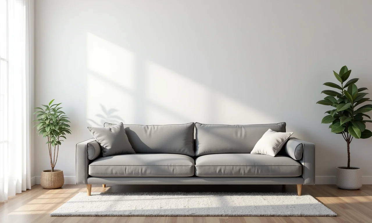 Sala com sofá cinza, mostrando diferentes tamanhos e layouts.