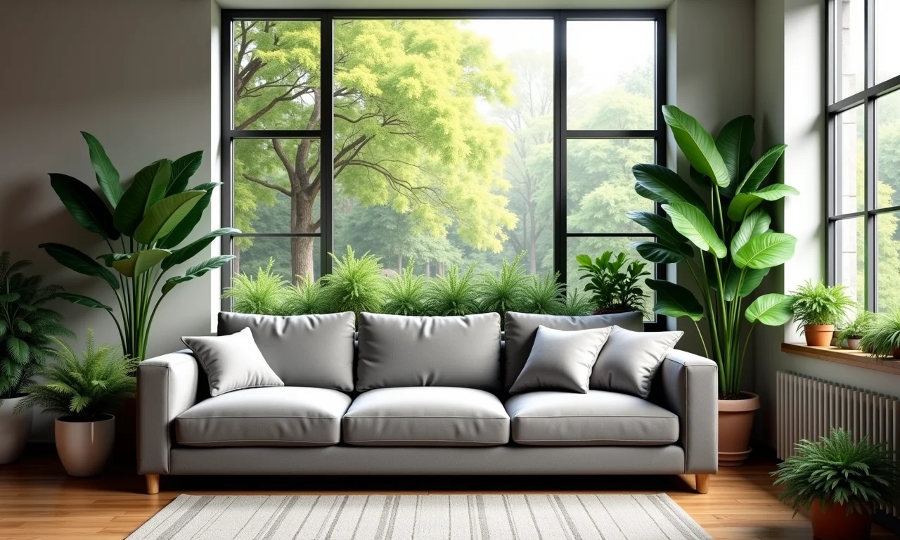 Sala com sofá cinza, plantas em vasos, luz natural e vista para um jardim exuberante.