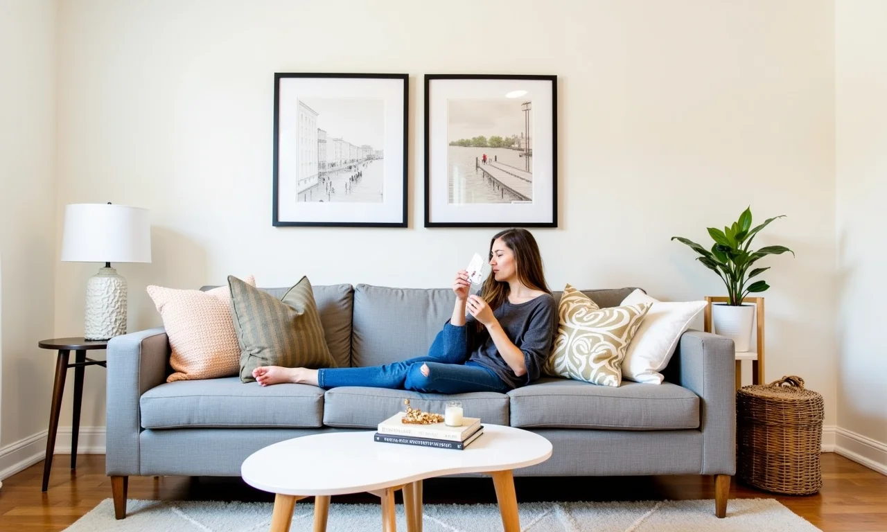 Sala com sofá cinza, quadros, objetos decorativos e toques pessoais.