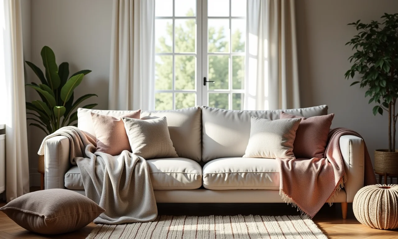 Sala com texturas em almofadas e mantas de lã, proporcionando uma sensação de calor.