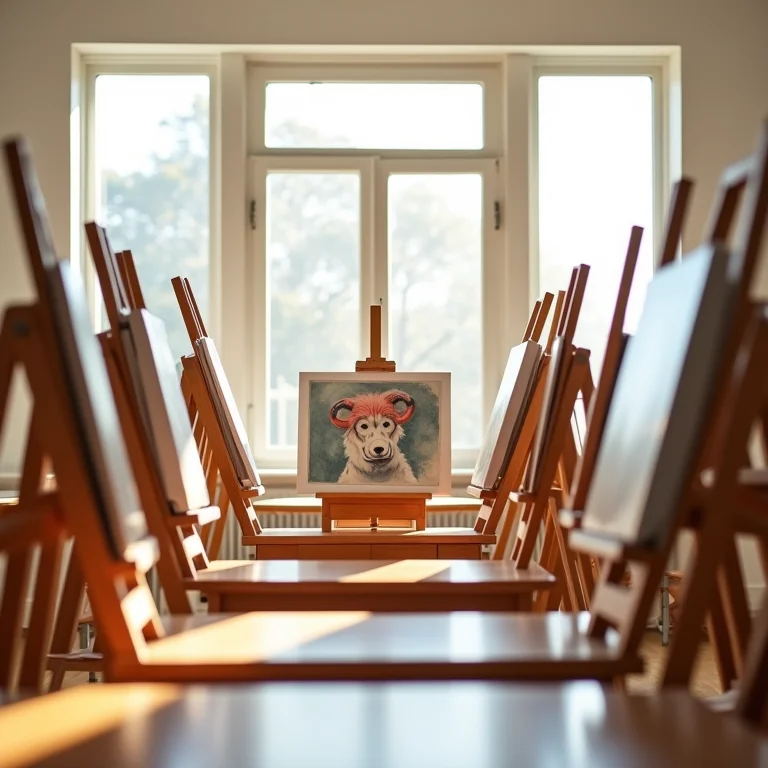 Sala de aula de arte com cavaletes lira e trabalhos de alunos.