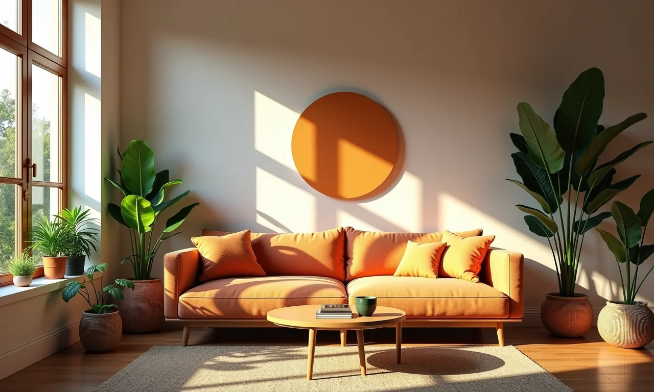 Sala de estar aconchegante com decoração brasileira vibrante e iluminação natural.