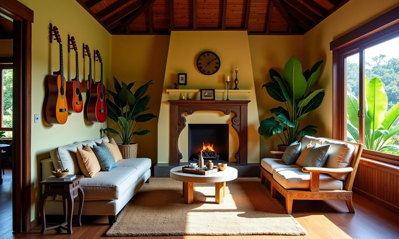 Sala de estar aconchegante com instrumentos musicais.