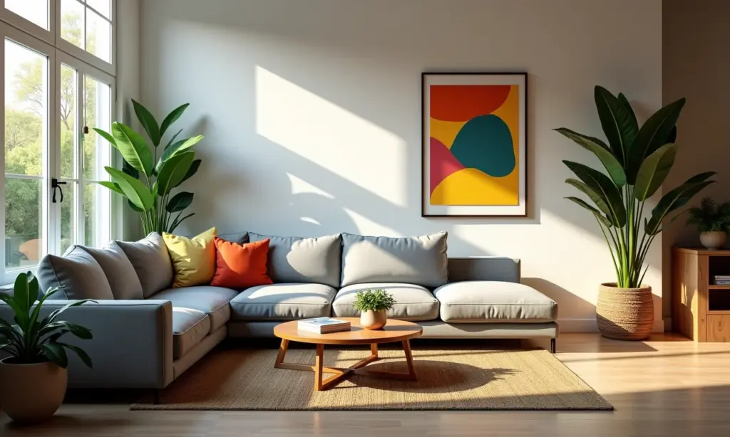 Sala de estar aconchegante com sofá cinza moderno, luz natural e decoração brasileira vibrante.