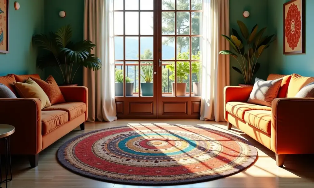 Sala de estar aconchegante com tapete redondo colorido ao centro.