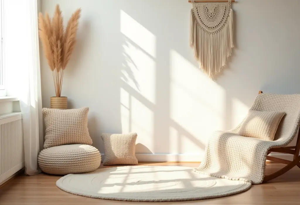 Crochê Moderno: 5 peças que estão bombando (e como usar) Sala de estar aconchegante decorada com peças de crochê modernas.