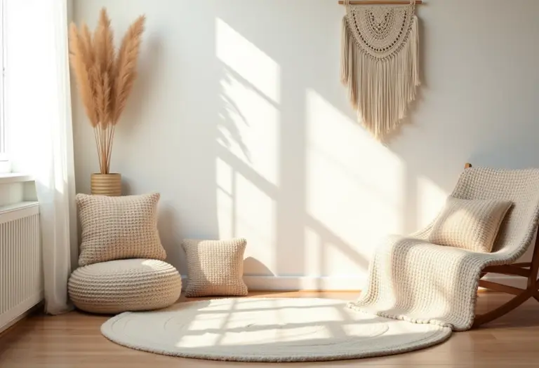 Sala de estar aconchegante decorada com peças de crochê modernas.