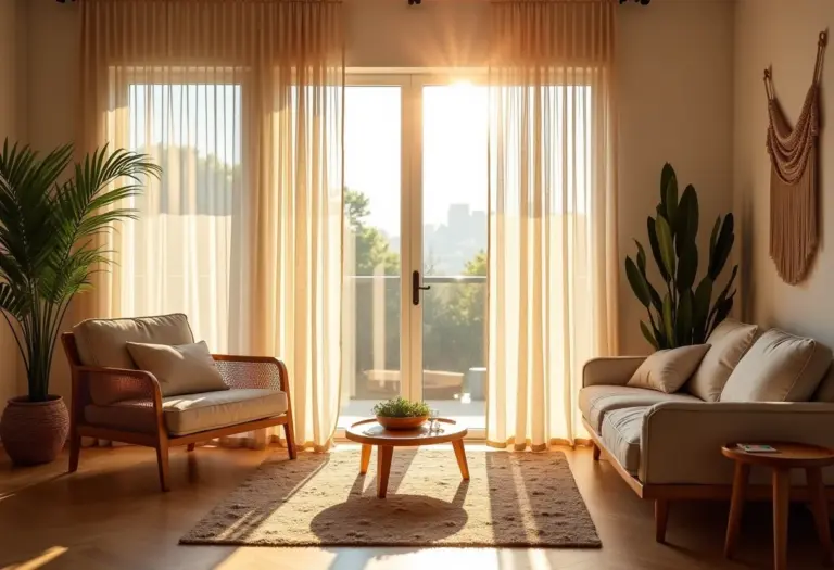 Sala de estar boho com cortinas de macramê