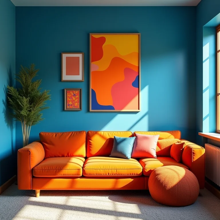 Sala de estar com cores vibrantes e decoração alegre