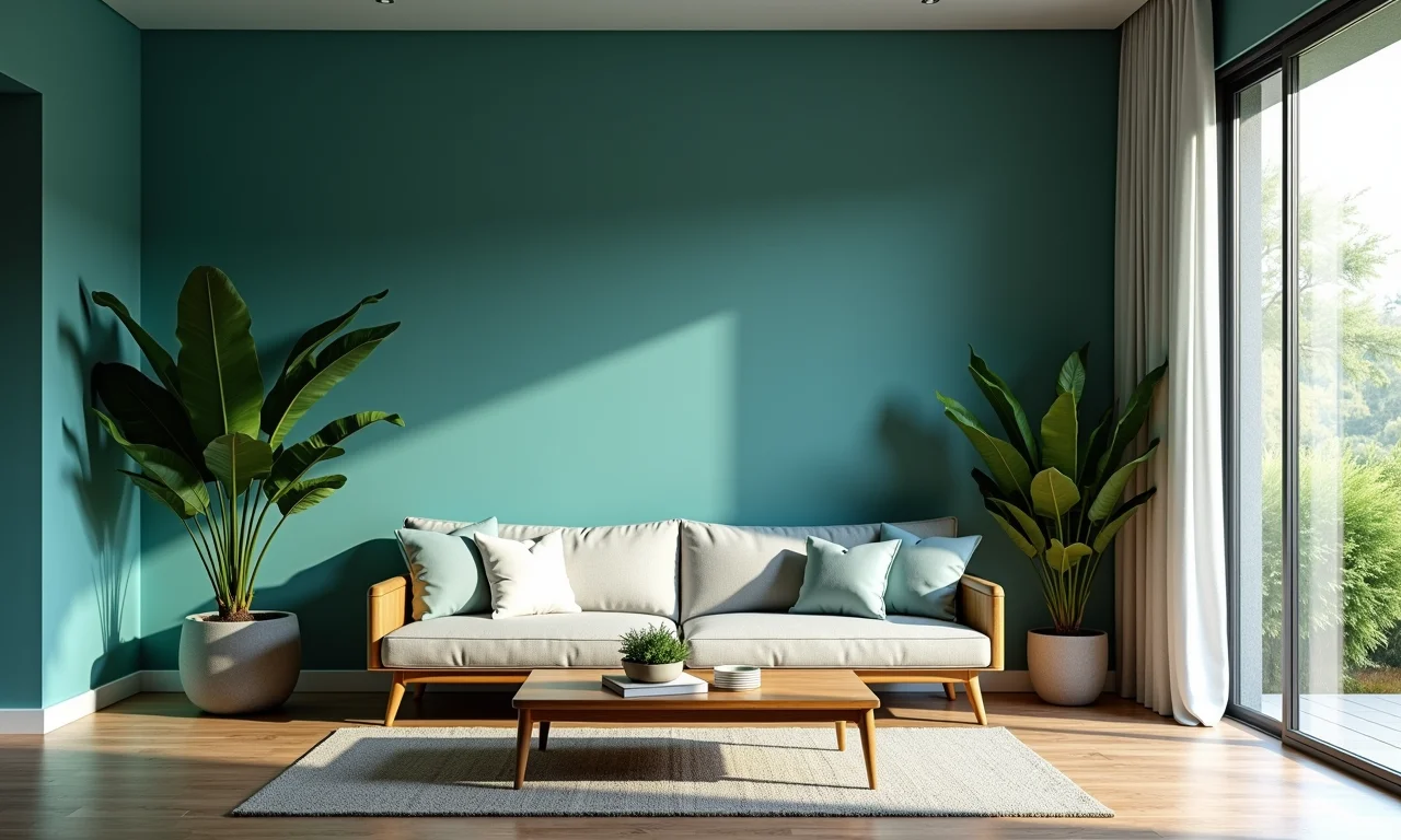 Sala de estar com esquema de cores análogas (azul, azul-esverdeado, verde).