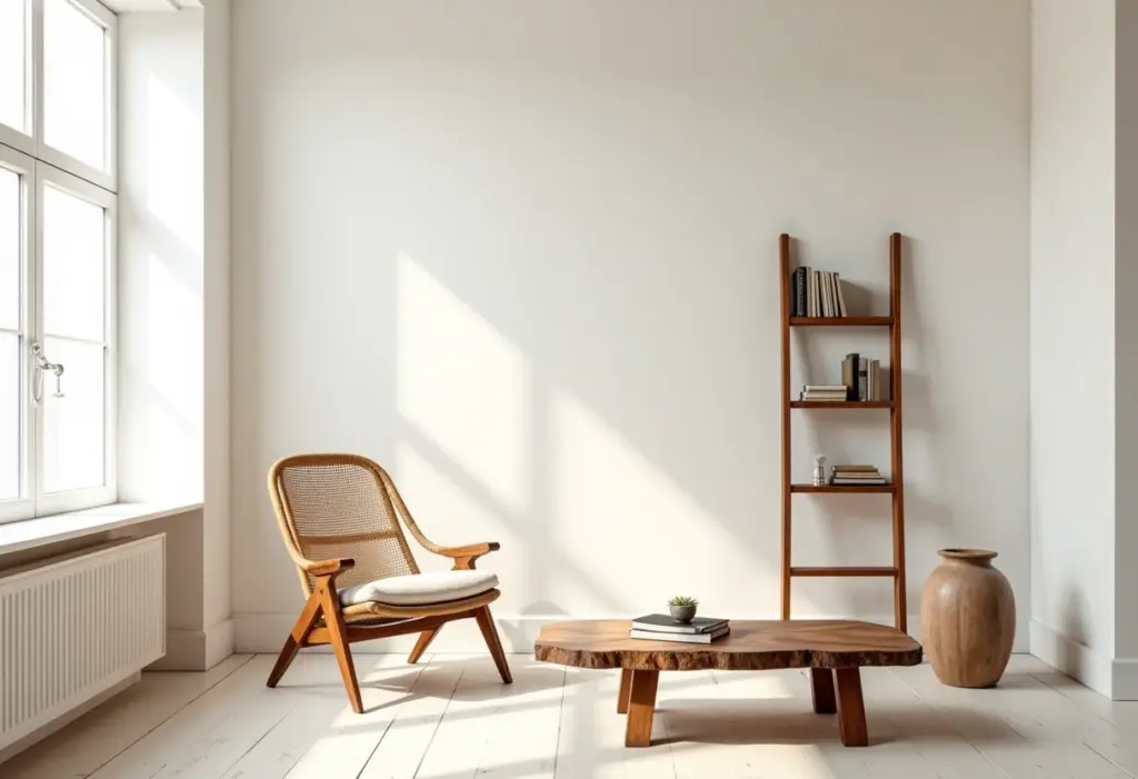 Upcycling: 5 ideias geniais para transformar lixo em luxo Sala de estar com móveis upcycled: escada como estante e mesa de centro de madeira reaproveitada