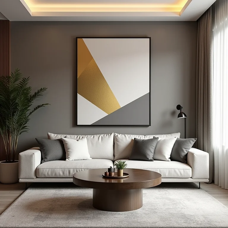 Sala de estar com mural geométrico em tons de cinza e dourado