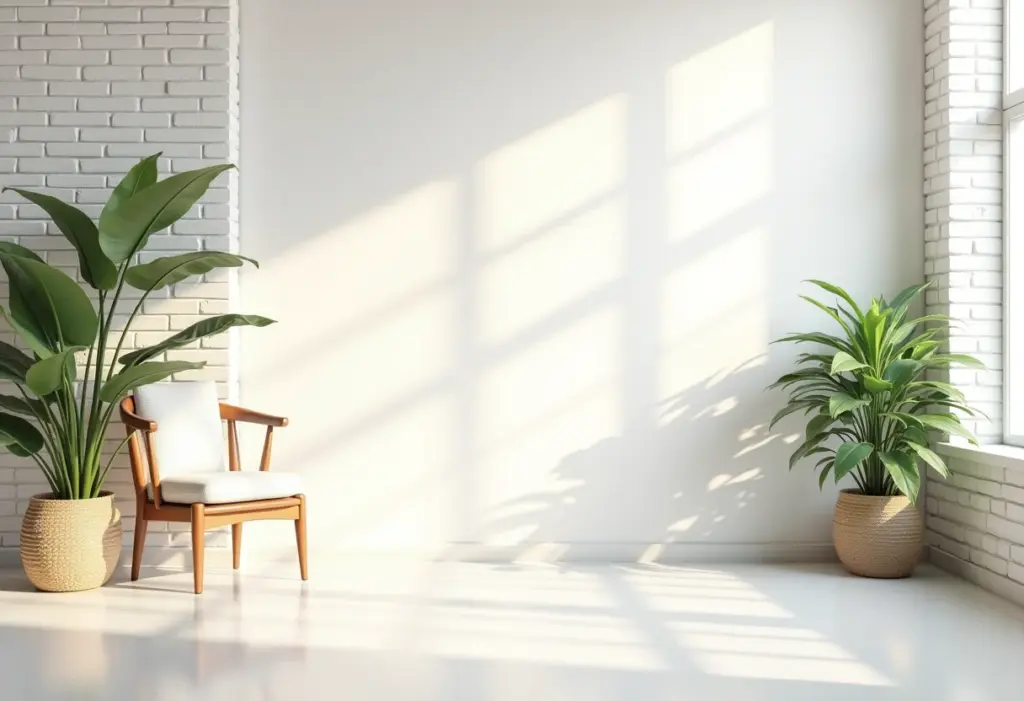 Sala de estar com parede de tijolinho branco e decoração minimalista