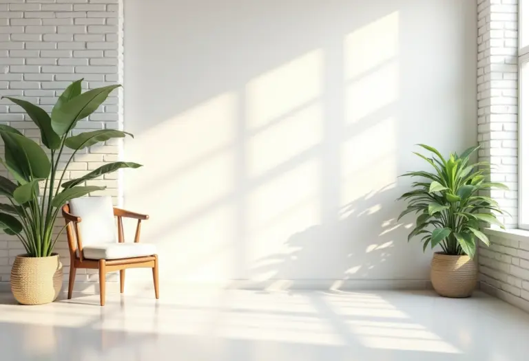 Sala de estar com parede de tijolinho branco e decoração minimalista