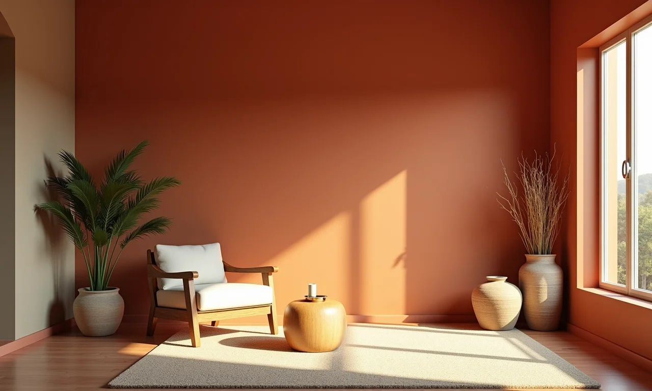 Sala de estar com paredes em tons terrosos e móveis de madeira, criando uma atmosfera acolhedora.