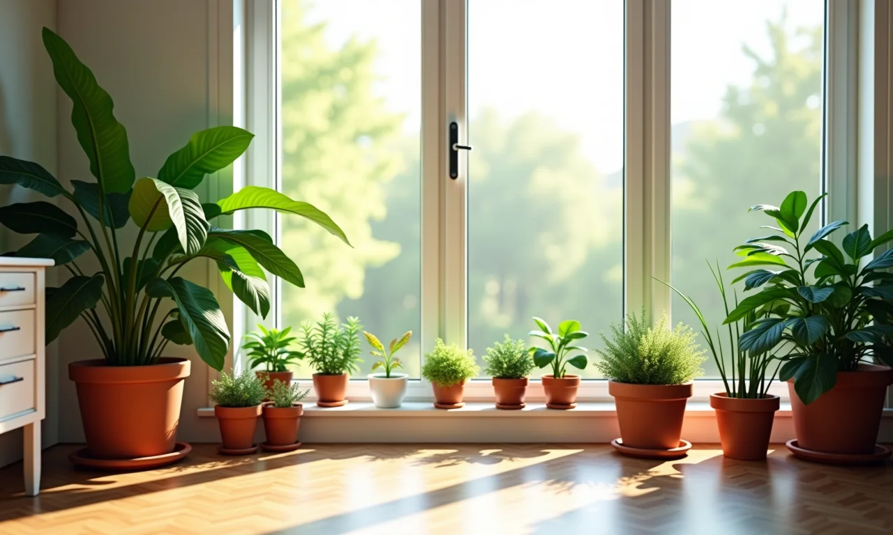 Sala de estar com plantas em vasos e folhagem verde, trazendo vida e alegria.