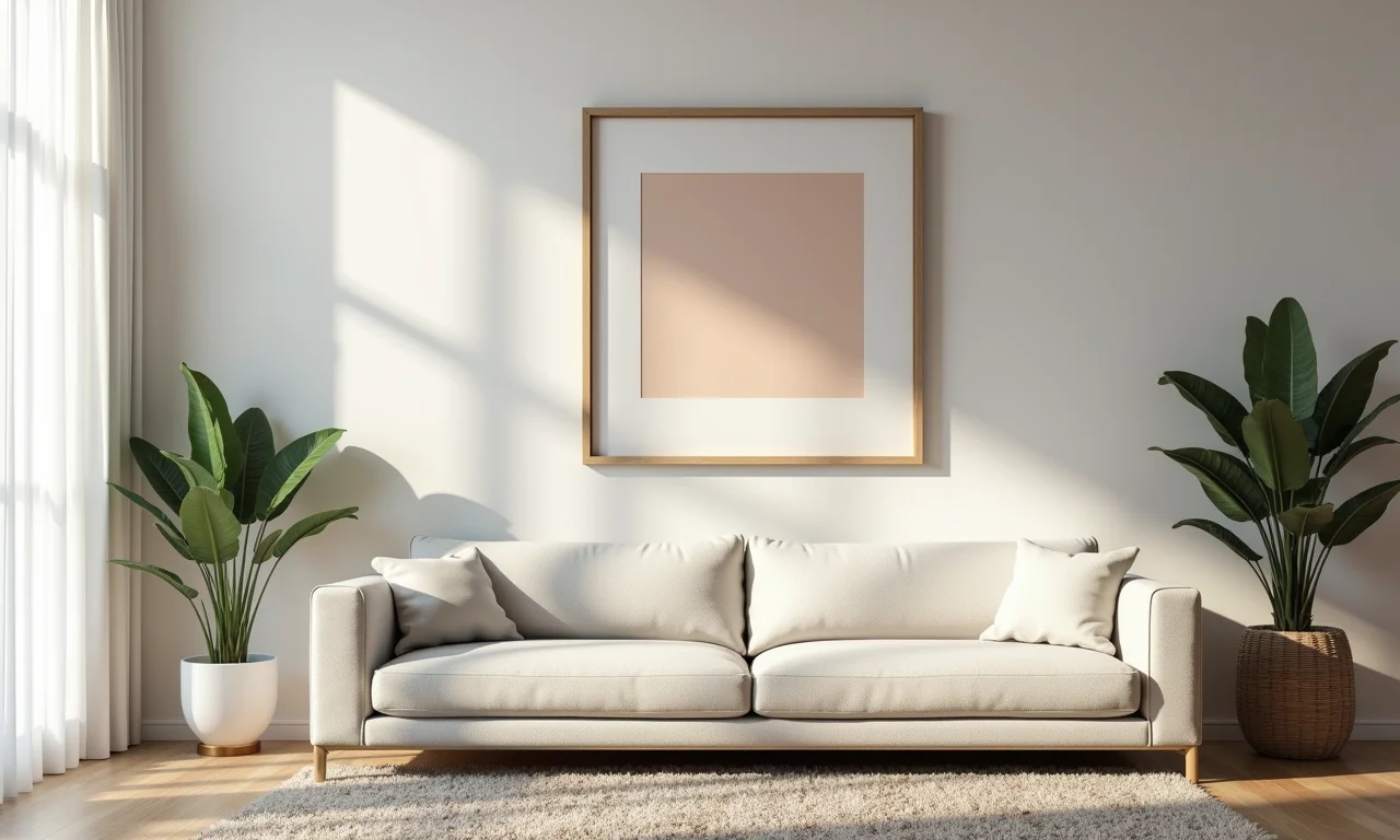 Sala de estar com quadros pendurados na altura correta, criando uma composição equilibrada.