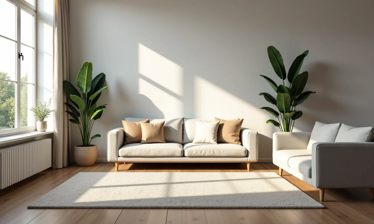 Sala de estar com tapete de tamanho ideal, integrando os móveis de forma harmoniosa.