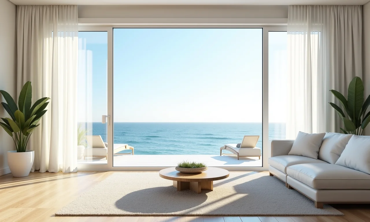 Sala de estar de casa de praia com grandes janelas e luz natural