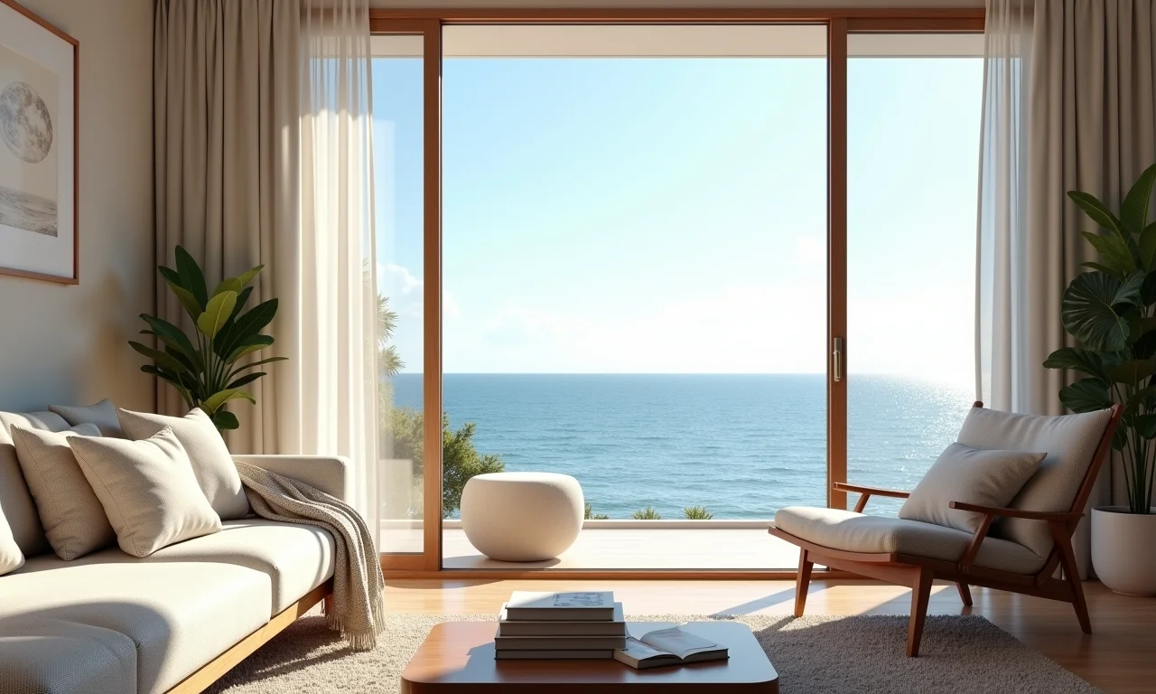 Sala de estar de casa de praia com poltrona confortável e vista para o mar