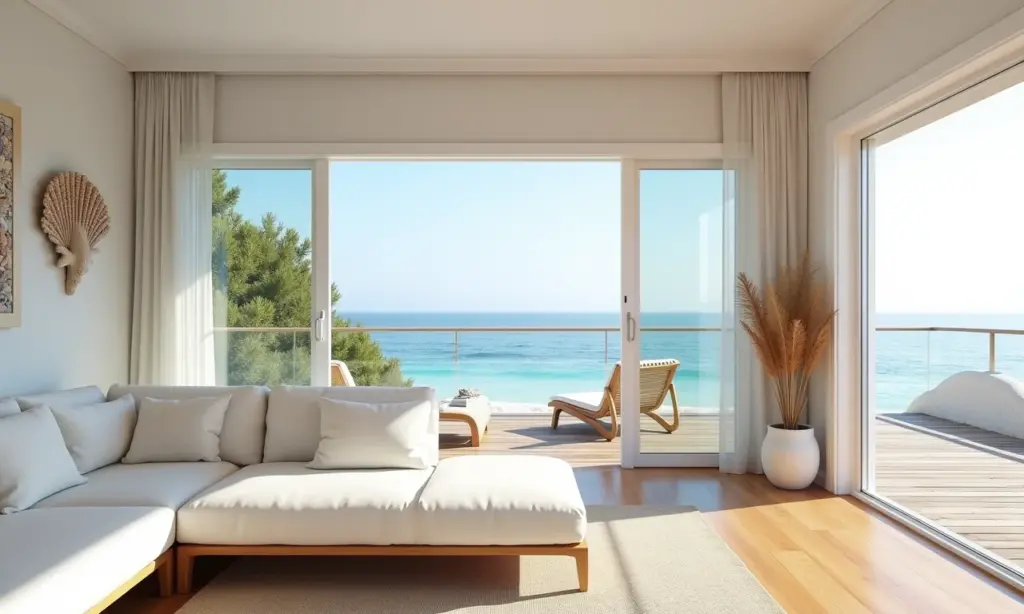 Sala de estar de casa de praia com sofá de linho branco e decoração náutica