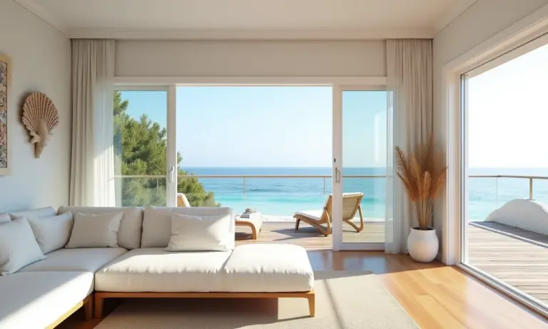 Sala de estar de casa de praia com sofá de linho branco e decoração náutica