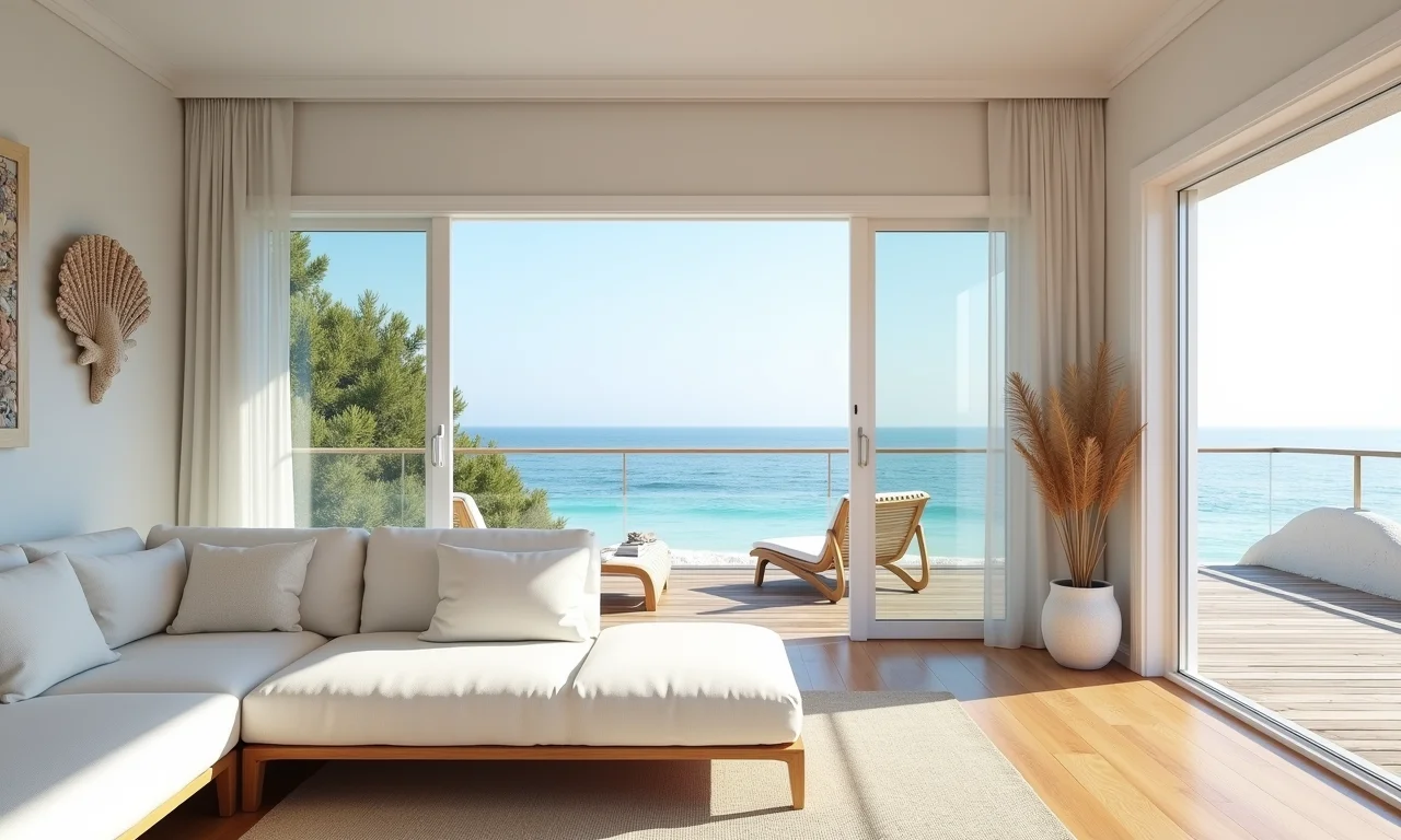 Sala de estar de casa de praia com sofá de linho branco e decoração náutica