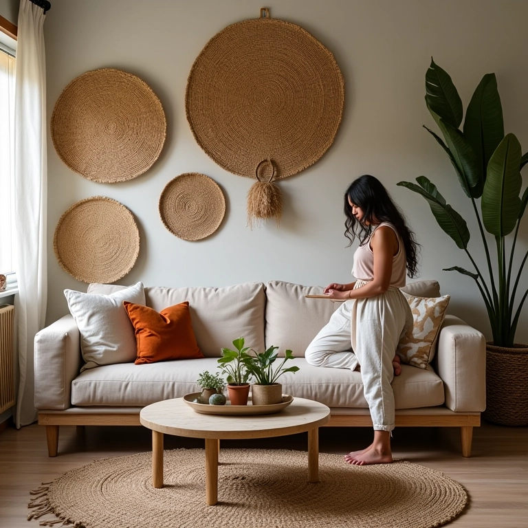 Sala de estar decorada com corda de sisal, estilo rústico e brasileiro.