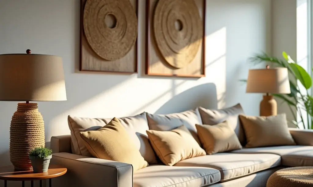 Sala de estar decorada com detalhes em corda de sisal, estilo rústico e elegante.