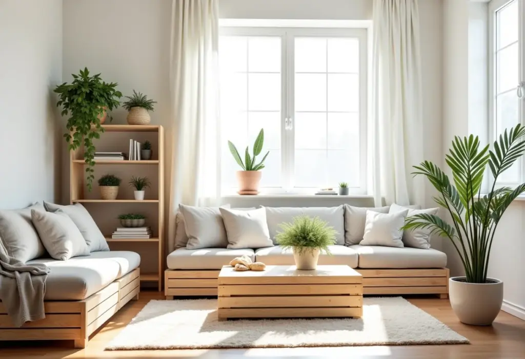 Sala de estar decorada com móveis DIY feitos de caixotes de feira pintados