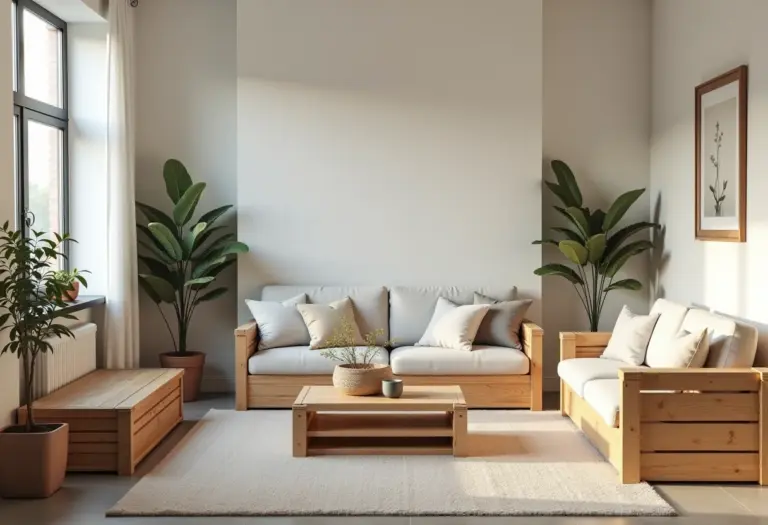 Sala de estar decorada com móveis feitos de caixotes de feira pintados