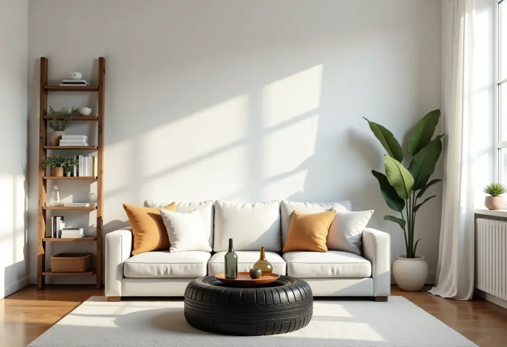 Upcycling de Decoração: 7 Ideias Geniais para sua Casa! Sala de estar decorada com objetos upcycled, mostrando escada como estante, pneu como mesa de centro e garrafas como luminárias.