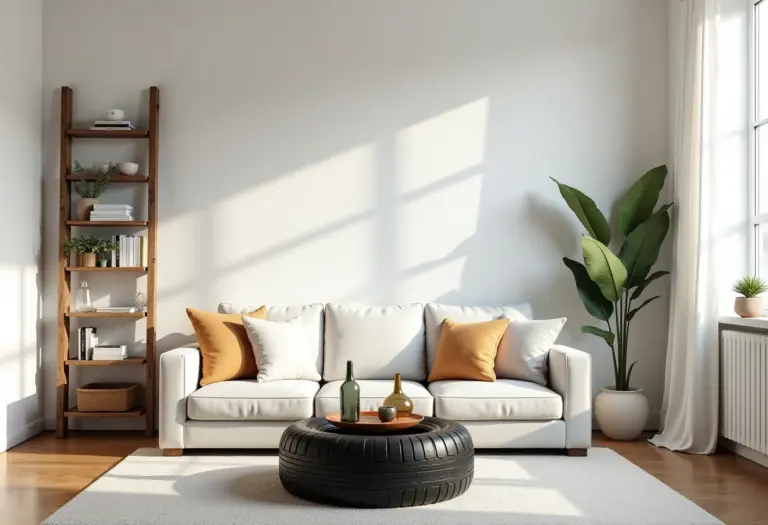 Sala de estar decorada com objetos upcycled, mostrando escada como estante, pneu como mesa de centro e garrafas como luminárias.