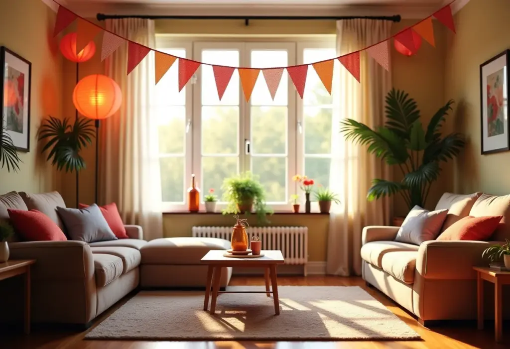 Decoração de São João simples: ideias criativas e baratas Sala de estar decorada para festa junina com bandeirinhas e iluminação aconchegante