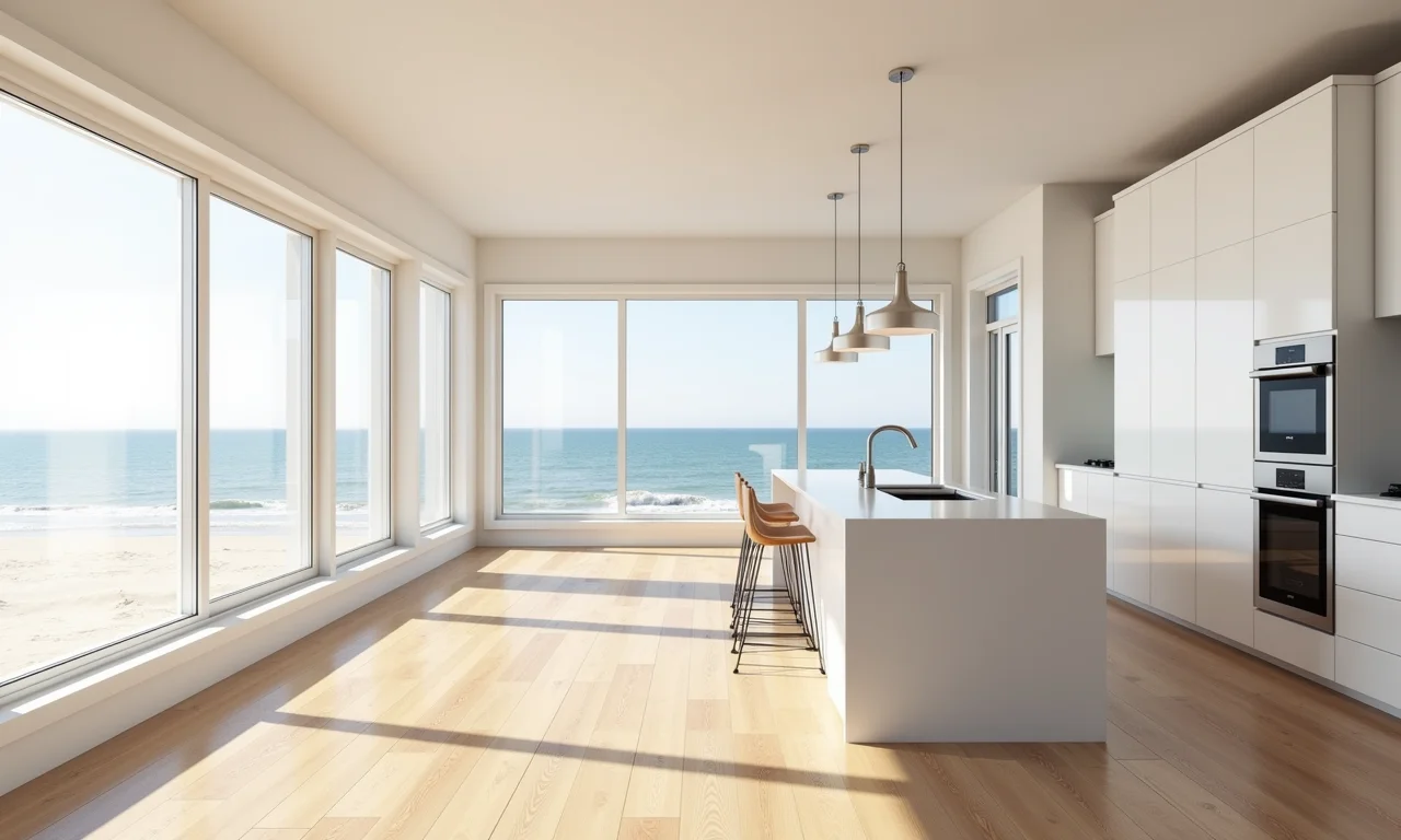 Sala de estar e cozinha integradas em uma casa de praia