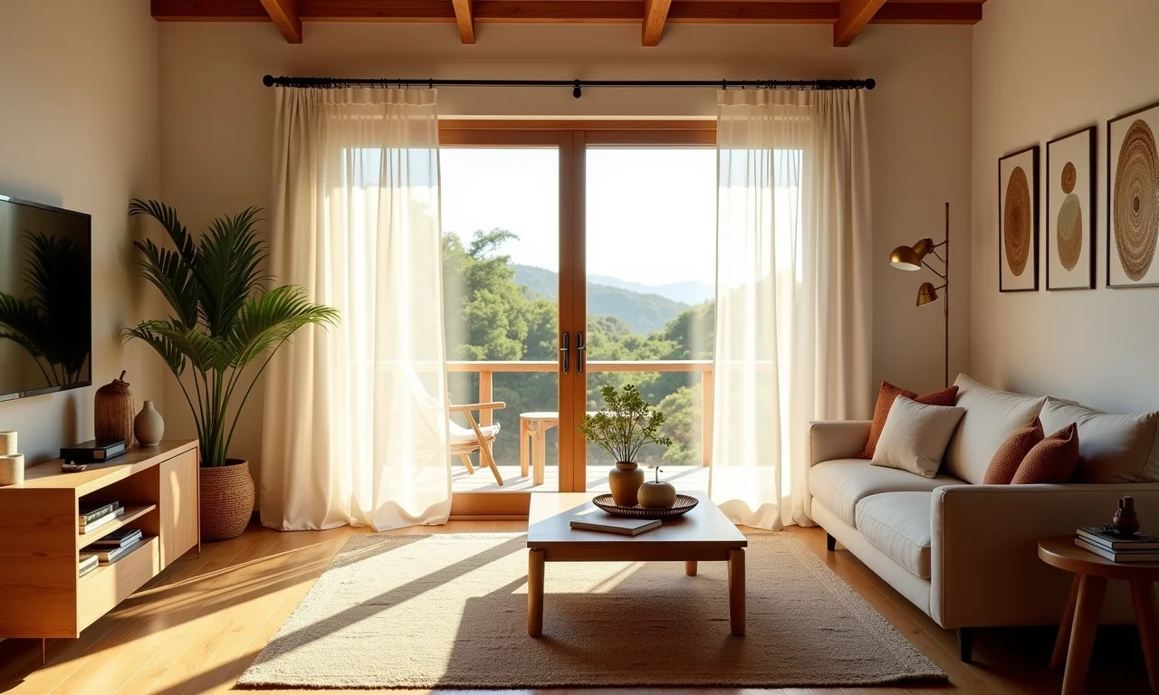 Sala de estar iluminada com cortinas de linho translúcido.