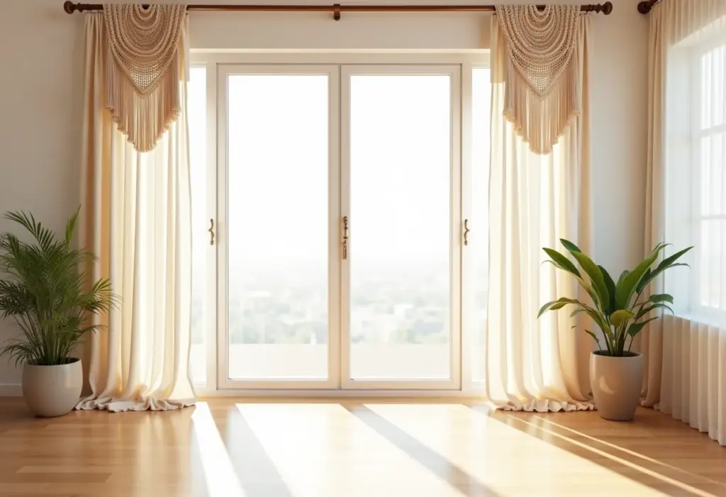 Cortinas de macramê: o toque boho que sua casa merece ter Sala de estar iluminada com cortinas de macramê