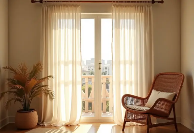 Sala de estar iluminada com cortinas de macramê, criando um ambiente aconchegante.