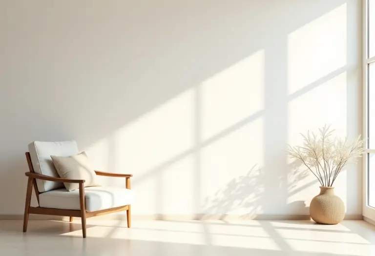 Sala de estar iluminada com decoração minimalista, representando o conforto do lar.