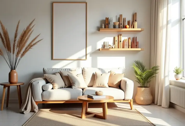 Sala de estar iluminada com diversos artesanatos criativos feitos com prendedores de roupa.