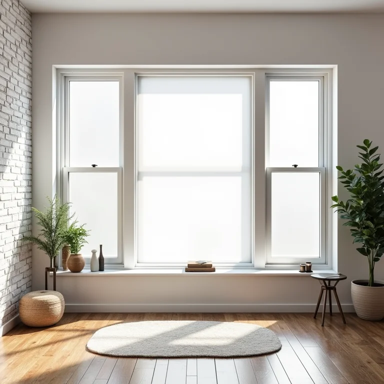 Sala de estar iluminada com parede de tijolinho branco e janela grande