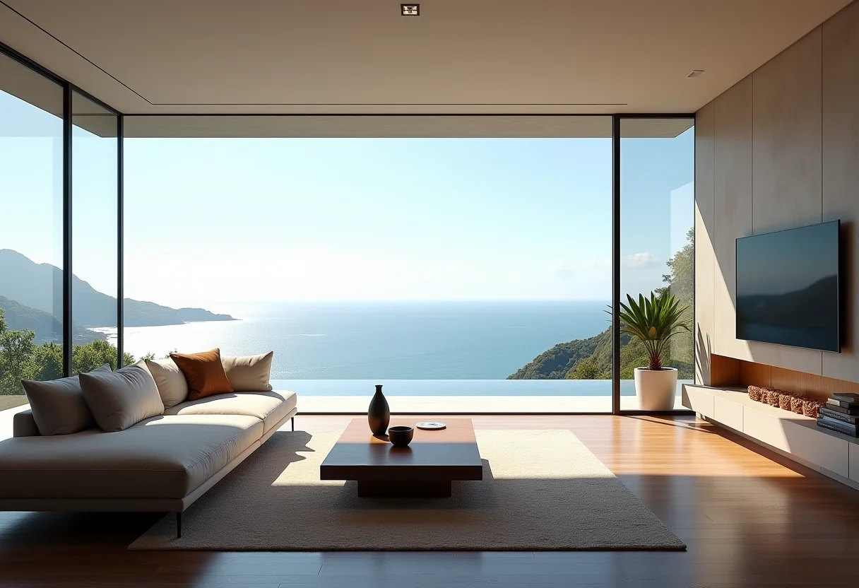 Sala de estar luxuosa com vista para o mar no Rio de Janeiro