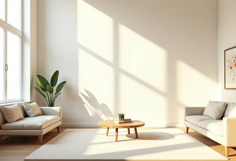 Sala de estar moderna e iluminada com decoração minimalista
