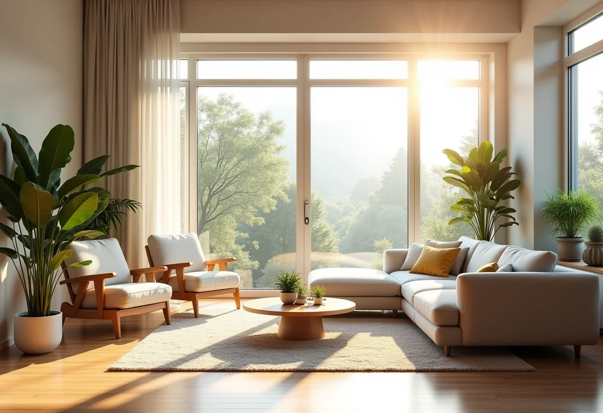 Sala de estar moderna e iluminada com luz natural