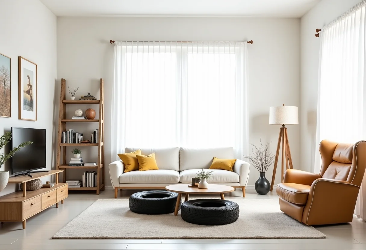 Sala de estar moderna e iluminada com móveis upcycled