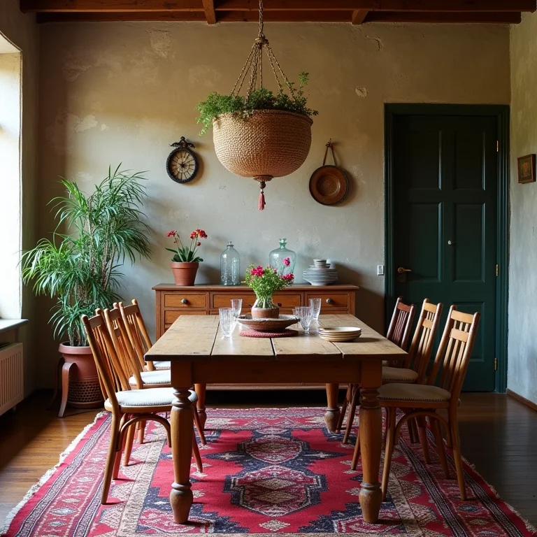 Sala de jantar boho com mesa de madeira, cores vibrantes e cadeiras diferentes.