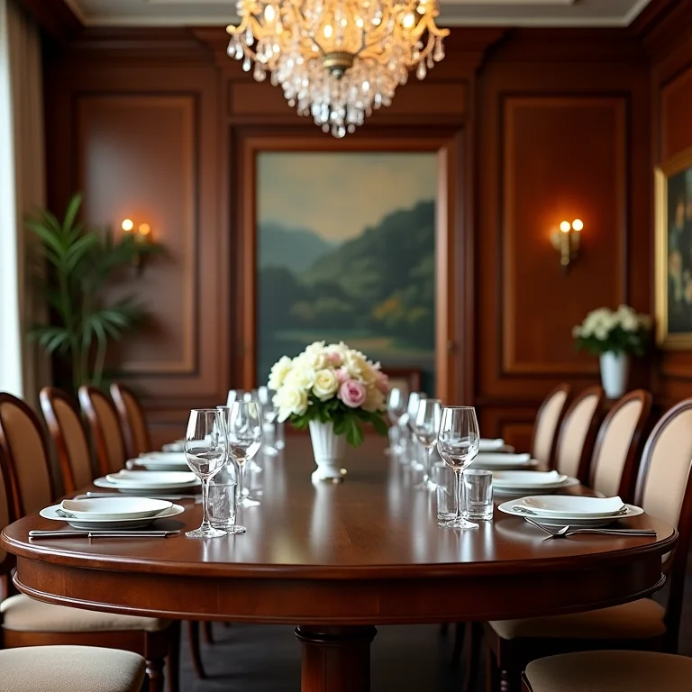 Sala de jantar clássica com mesa de madeira, cristais e lustre elegante.