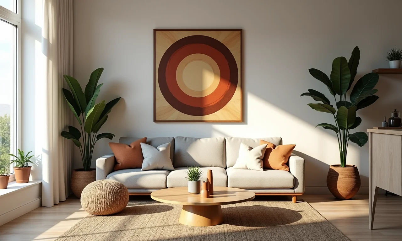 Sala decorada com objetos pessoais e arte brasileira, refletindo a personalidade do morador.