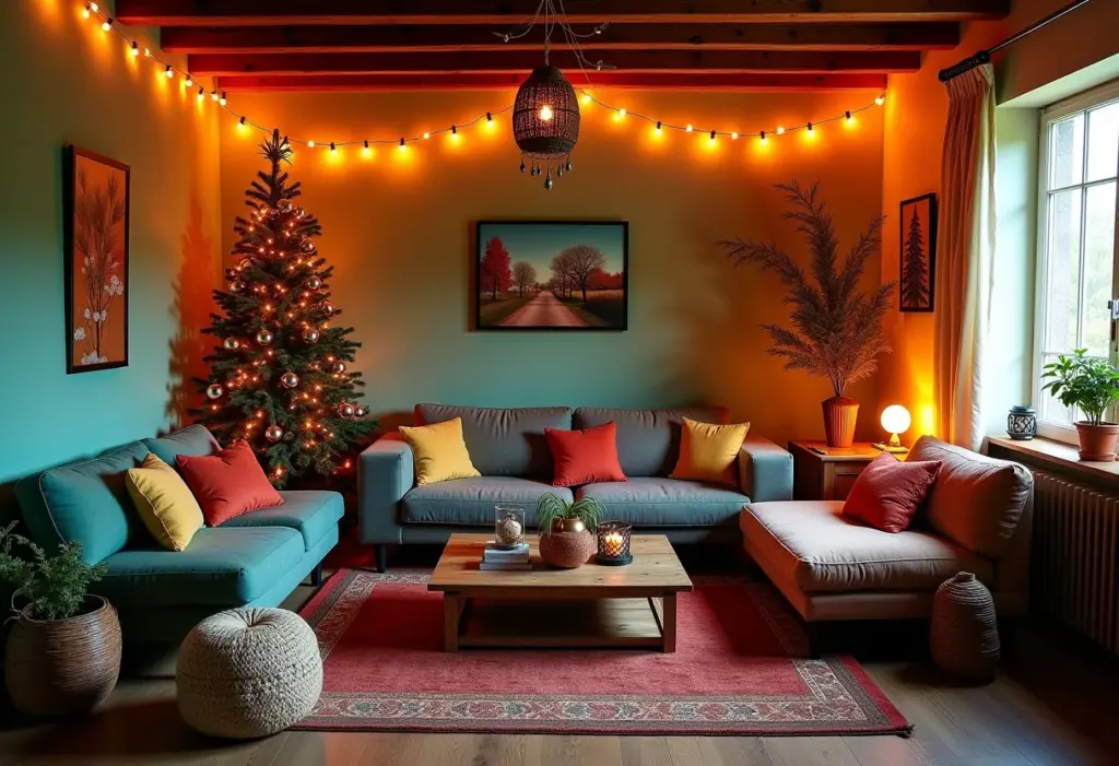 Sala decorada para festa junina com bandeirinhas e iluminação aconchegante